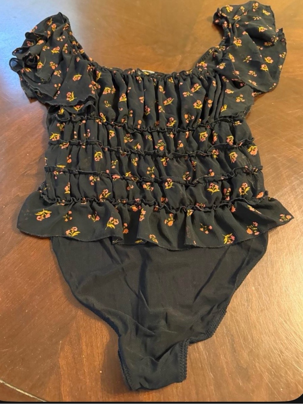 Free People Black Floral Smocked Ruffle Bodysuit